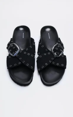 Black Woven Cross Strap Stud Buckle Detail Footbed Sandals