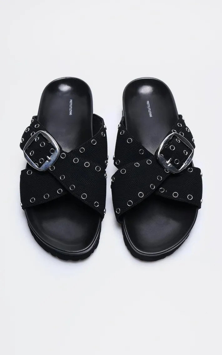 Black Woven Cross Strap Stud Buckle Detail Footbed Sandals
