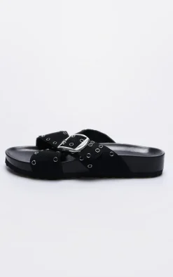 Black Woven Cross Strap Stud Buckle Detail Footbed Sandals