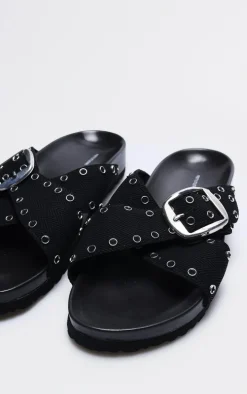 Black Woven Cross Strap Stud Buckle Detail Footbed Sandals