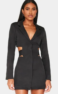 Black Woven Cut Out Tie Back Blazer Dress