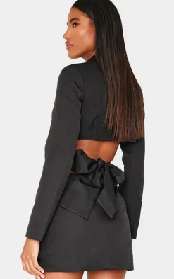 Black Woven Cut Out Tie Back Blazer Dress