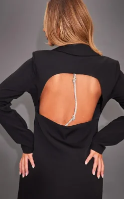 Black Woven Diamante Knot Detail Blazer Dress