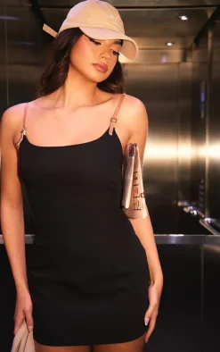 Black Woven Faux Leather Strap Mini Dress