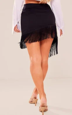 Black Woven Fringe Hem Drape Front Mini Skirt
