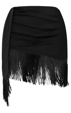 Black Woven Fringe Hem Drape Front Mini Skirt