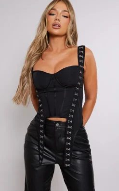 Black Woven Hook And Eye Detail Strap Crop Top