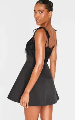 Black Woven Lace Detail Tie Strap A Line Shift Dress