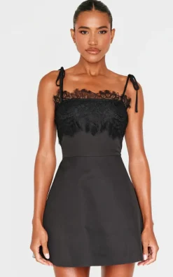 Black Woven Lace Detail Tie Strap A Line Shift Dress
