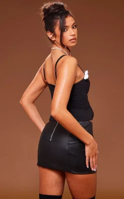 Black Woven Lace Up Front Bow Detail Top