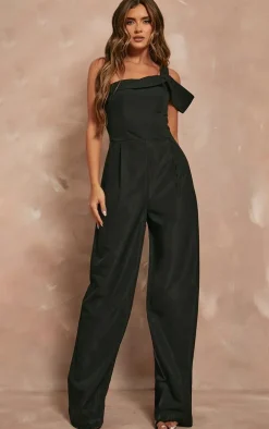 Black Woven One Shoulder Pleated Detail Wide Leg Jumpsuit