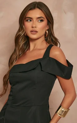 Black Woven One Shoulder Pleated Detail Wide Leg Jumpsuit