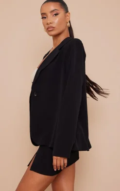 Black Woven Oversized Button Blazer