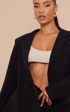 Black Woven Oversized Button Blazer