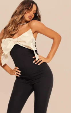 Black Woven Oversized Contrast Bow Detail Wide Leg Jumpsuit