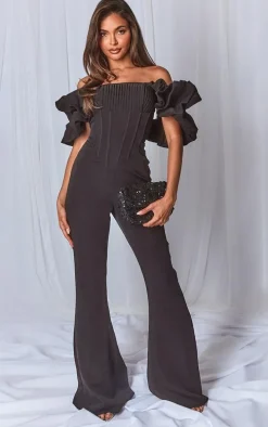 Black Woven Pleated Corset Detail Bardot Frill Jumpsuit.
