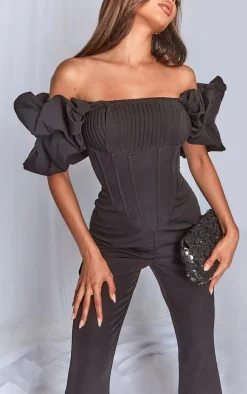 Black Woven Pleated Corset Detail Bardot Frill Jumpsuit.