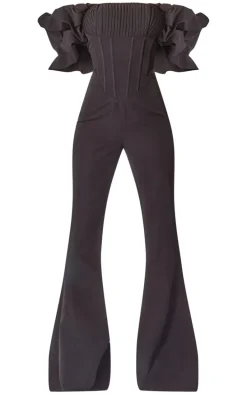 Black Woven Pleated Corset Detail Bardot Frill Jumpsuit.