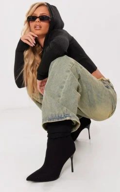 Black Woven Point Toe Ruched Heeled Ankle Boots