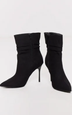 Black Woven Point Toe Ruched Heeled Ankle Boots