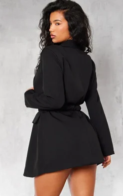 Black Woven Ruched Belt Blazer Dress