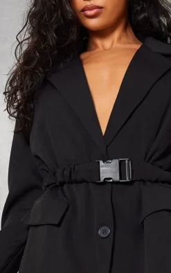 Black Woven Ruched Belt Blazer Dress