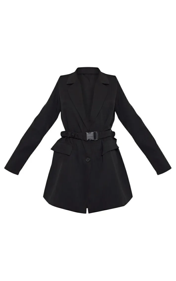 Black Woven Ruched Belt Blazer Dress