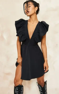 Black Woven Ruffle Sleeve Plunge Pleated Belt Shift Dress