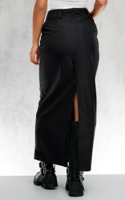 Black Woven Tailored Split Back Peached Maxi Skirt