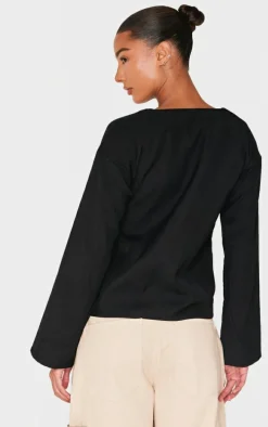 Black Woven Tie Front Flared Sleeve Shirt