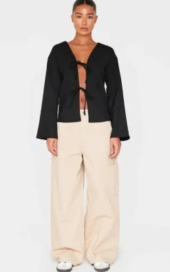 Black Woven Tie Front Flared Sleeve Shirt