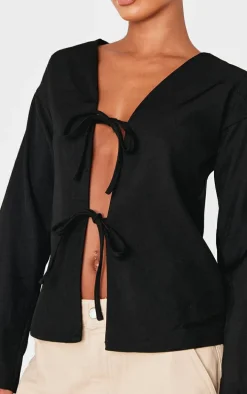 Black Woven Tie Front Flared Sleeve Shirt