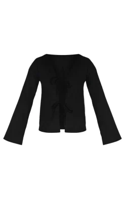 Black Woven Tie Front Flared Sleeve Shirt