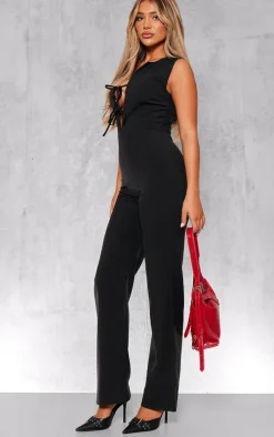 Black Woven Tie Front Tailored Jumpsuit