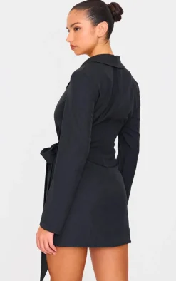 Black Woven Tie Wrap Blazer Dress
