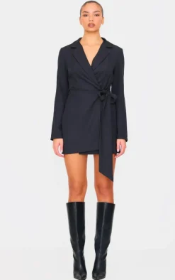 Black Woven Tie Wrap Blazer Dress