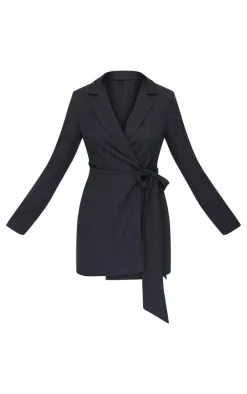 Black Woven Tie Wrap Blazer Dress