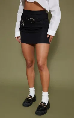 Black Woven Utility Buckle Detail Mini Skirt