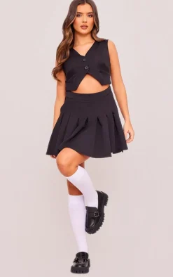 Black Woven Vest Cut Out Pleated Bodycon Dress