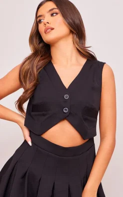 Black Woven Vest Cut Out Pleated Bodycon Dress