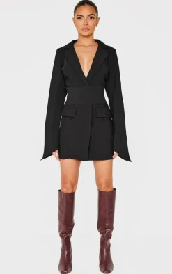 Black Woven Wrap Belt Blazer Dress