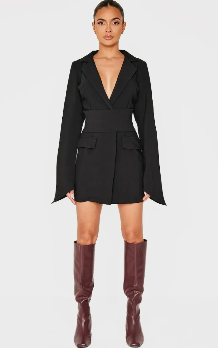 Black Woven Wrap Belt Blazer Dress