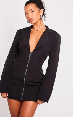 Black Woven Zip Through Corset Detail Blazer Dress
