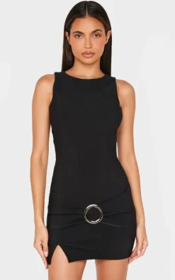 Black Wrap Belt Detail Bodycon Dress