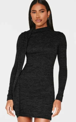 Black Wrap Neck Detail Bodycon Dress