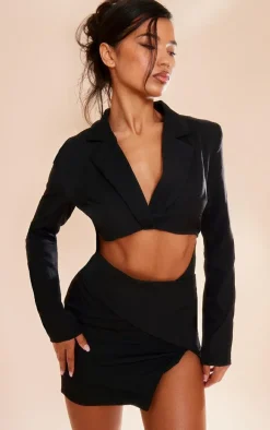 Black Wrap Skirt Cut Out Detail Blazer Dress