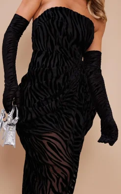 Black Zebra Devore Glove Detail Bandeau Draped Midi Dress