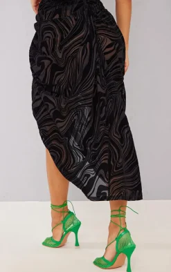 Black Zebra Devore Ruched Midi Skirt