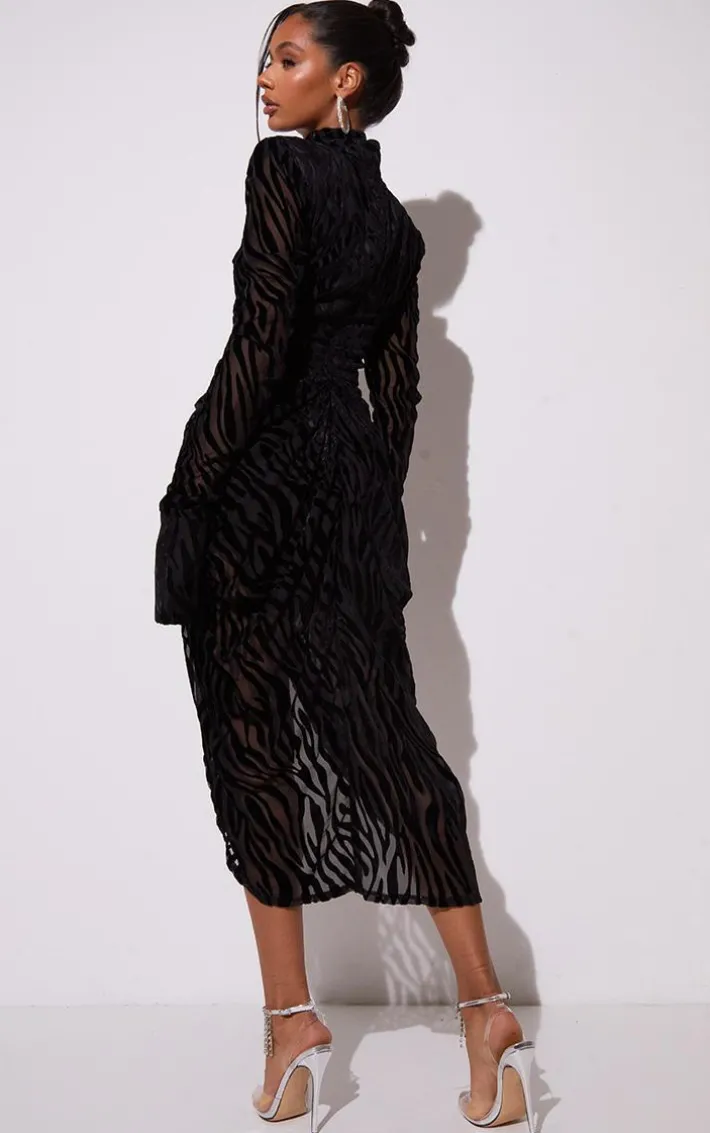 Black Zebra Print Devore High Neck Draped Midi Dress