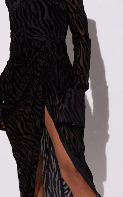 Black Zebra Print Devore High Neck Draped Midi Dress